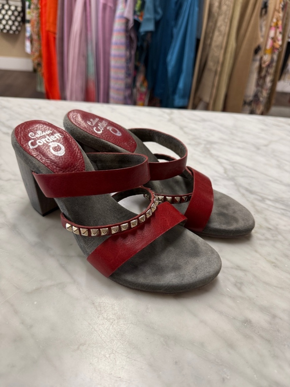 Calleen Cordero Red Silver Embellished Wooden Heels Size 8